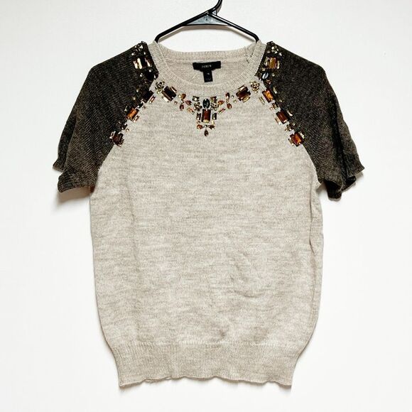 NWT J.CREW Women's Sweater Beige Raglan Short Sleeve Rhinestones Alpaca Blend XS - Picture 1 of 6